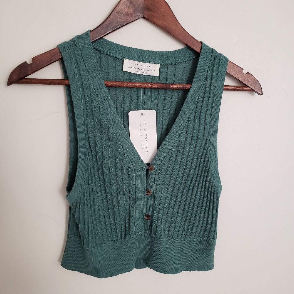 American Threads Teal Ribbed Button-Front Crop Top - Picture 8 of 8
